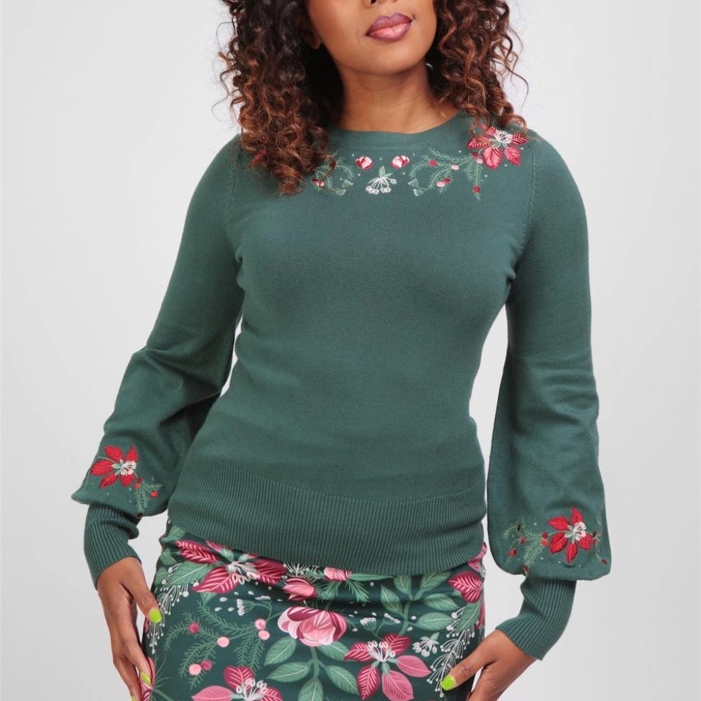 Collectif Mainline Green Stevie Escapist Floral Jumper